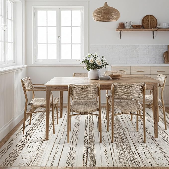 Tortania Area Rug Living Room Rugs - 6x9 Washable Large Soft Neutral Boho Moroccan Bohemian Farmhouse Rug Indoor Floor Carpet for Bedroom Under Dining Table Home Office Decor - Cream Brown