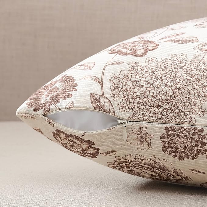 100% Cotton Botanical Throw Pillow Covers Set of 2, 18x18 Inch Taupe, Farmhouse Double-Sided Floral Print Decorative Cushion Covers Pillow Cases Boho Home Decor