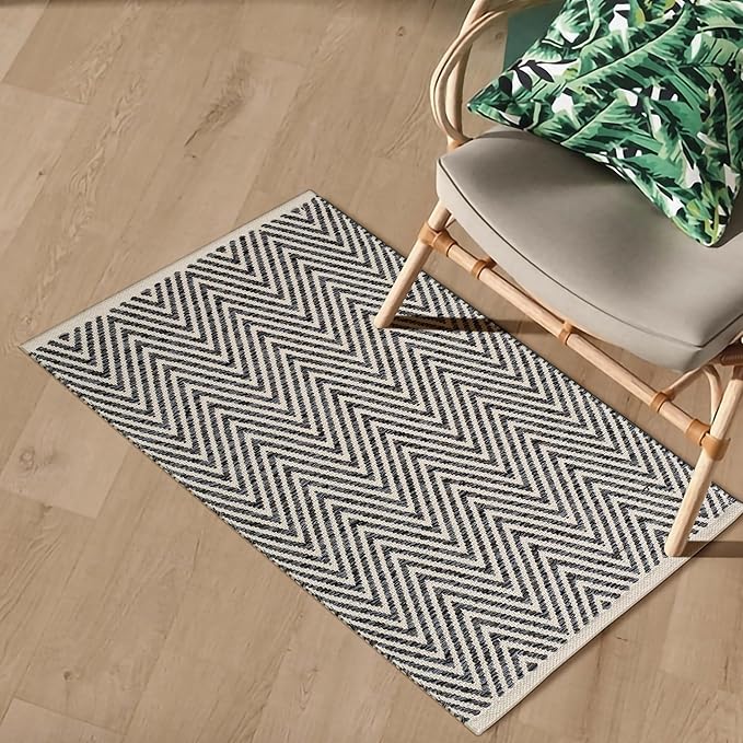 Cotton Chevron Hand Woven Area Rug 2x3 Feet - Charocoal, Accent Soft Decorative Reversible Floor Throw Carpet Ideal for Entryway, Kitchen, Nursery | Grey Small Farmhouse Washable Home Space Décor Mat