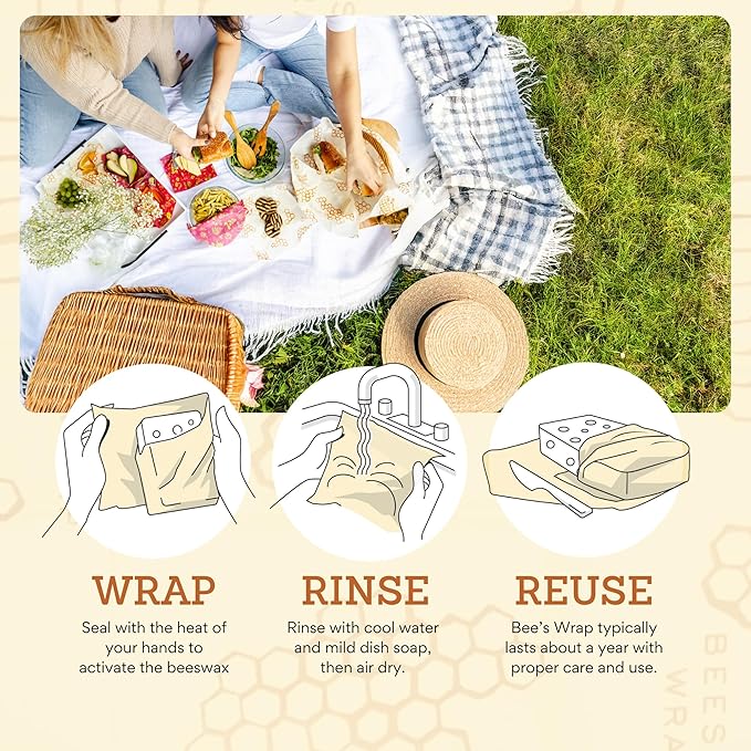 Bee's Wrap Beeswax Wraps for Food - 3 Pack of Medium Beeswax Wraps - Plastic Free Made in USA Reusable Natural Food Wrap - Meadow Magic Print