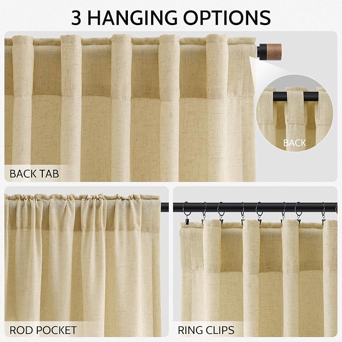 Nanspring Extra Long 120 Inch Curtains for Living Room Cream Yellow Linen Modern Farmhouse Privacy Sheer Curtains Back Tab and Rod Pocket Floor to Ceiling Curtain for Bedroom Office 52x120, 2 Panels