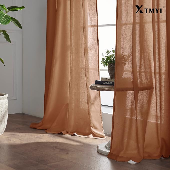 XTMYI Rusty Burnt Orange Curtains 2 Panels,Sheer Linen Medium Dusty Mecca Ocher Tone Rustic Cabin Curtains for Bedroom Living Room,108 Inches Long,Light Brown Red