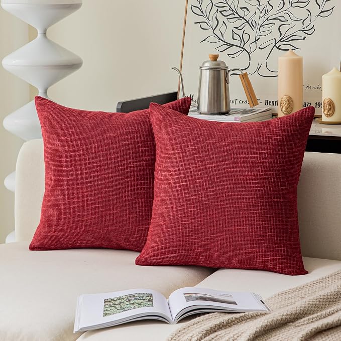 Kevin Textile Christmas Farmhouse Faux Linen Decorative Throw Pillow Case Cushion Cover Pillowcase for Sofa 18 x 18 Inch/45cm x 45cm, Set of 2, Red