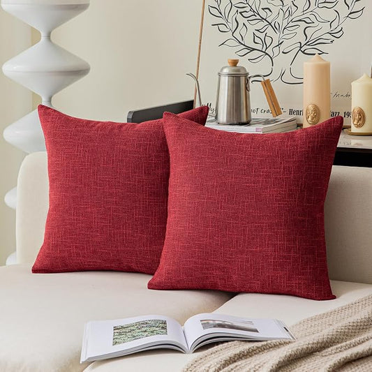 Kevin Textile Christmas Farmhouse Faux Linen Decorative Throw Pillow Case Cushion Cover Pillowcase for Sofa 18 x 18 Inch/45cm x 45cm, Set of 2, Red