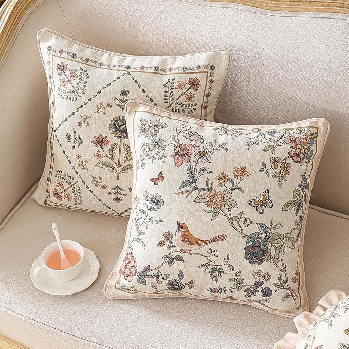 ISAENNE Design Square Floral Bird Linen Throw Pillow Covers 18"x18" Pack of 2, Yellow Pink Cushion Covers with Flower Chinese Hwamei Decor Pillowcases for Bed,Living Room,Outdoor,Car