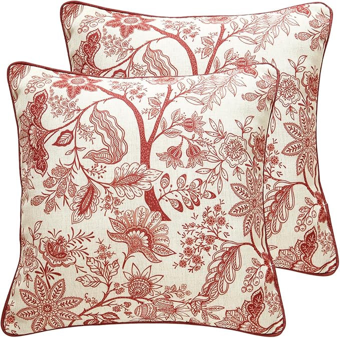 ISAENNE Design Linen Square Throw Pillow Covers 18"x18" Pack of 2, French Country Cushion Covers with Red Toile de Jouy Floral Pattern Decoration Pillowcases for Bed, Living Room, Outdoor, Car
