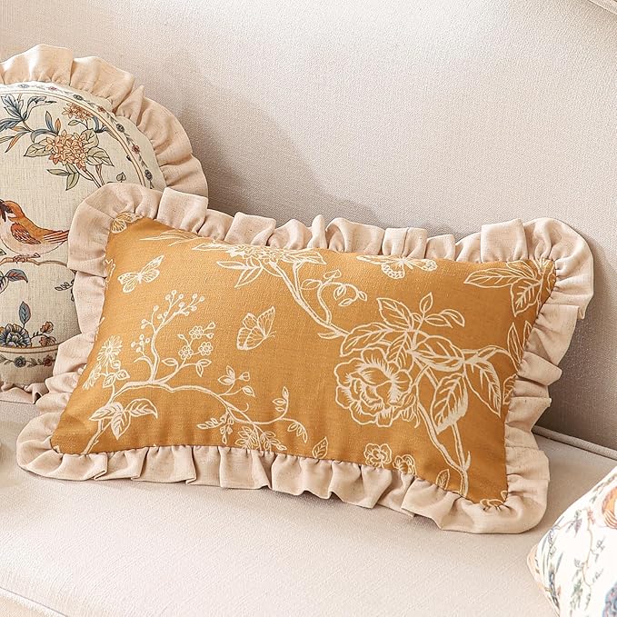 ISAENNE Design Rectangular Floral Linen Throw Pillow Covers 12"x20" Pack of 2, Ginger Simple Elegant Flower Pattern Cushion Covers Decor Pillowcases for Bed,Living Room,Outdoor,Car