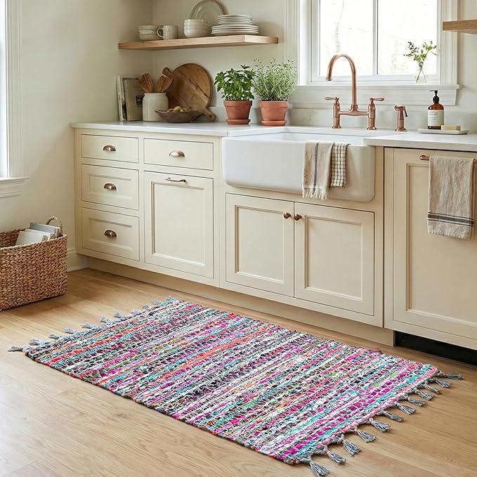 Cotton Diamond Chindi Rug 2x3 Feet - Multi, Bohemian Hand Woven Soft Recycled Decorative Floor Rag Rugs Ideal for Entryway, Kitchen, Nursay Room | Small Durable Colorful Door Mat for Home Décor