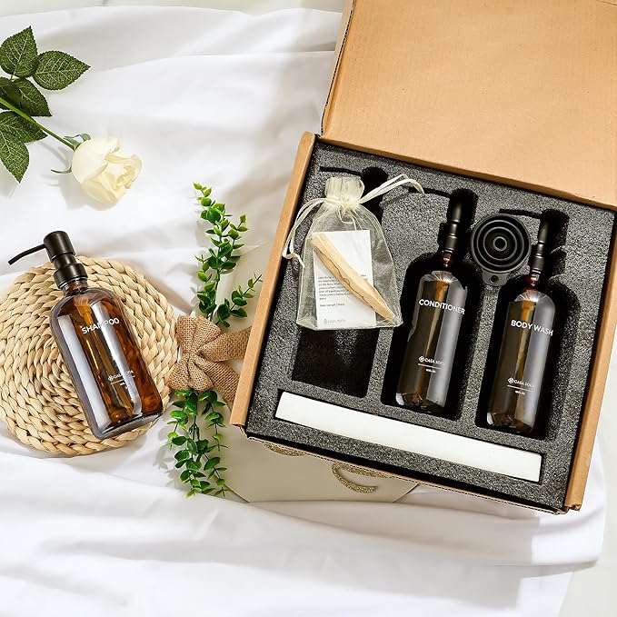 Amber Glass Shampoo and Conditioner Dispenser Set – Refillable 16 oz Pump Bottles with Concrete Tray – Luxury Bathroom Organization & Modern Shower Soap Dispensers