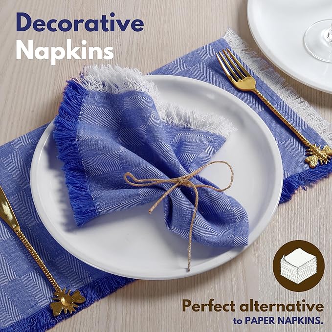 Native Fab Herringbone Cloth Napkins 16x16 inches, 100% Cotton Dinner Napkins with Fringes, Set of 12, Decorative Frayed Edges, Washable Table Linen Napkins, Soft Breathable Absorbent, Ink Blue