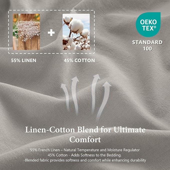 QKTE French Linen Duvet Cover Set, 3 PCS Natural French Flax Light Grey Duvet Cover King Size, Breathable Soft Comfy Linen Bedding Comforter Cover with 2 Pillowcases(Light Grey, 104" x 92")