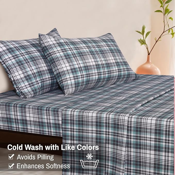 RUVANTI Flannel Sheets King Size - 100% Cotton Double Brushed King Size Sheets Set - Deep Pockets 16 Inches Bed Sheets - All Seasons Breathable & Extra Soft - Warm & Cozy, 4 Piece, Mint Grey