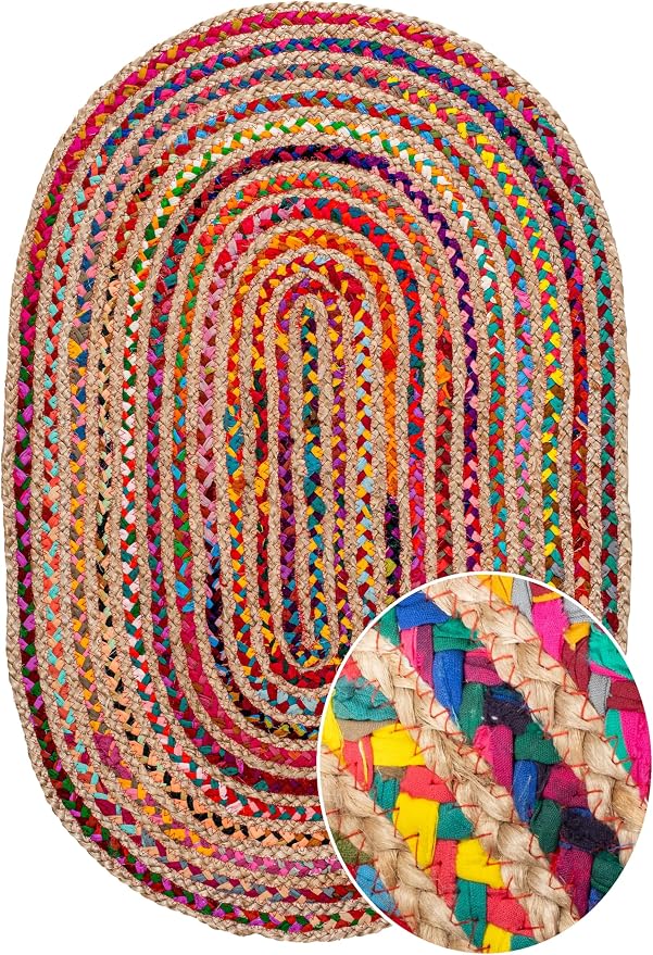 Savi Home Farmhouse Jute Cotton Chindi Rug 4x6 Oval Multicolor, Handwoven Braided Area Rug for Living Room, Kitchen, Entryway & Bathroom