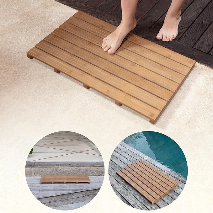 Large Walnut Bamboo Bath Mat – Non-Slip Design Sauna Floor Mat, Secure Grip Pads, Water-Resistant Coating, Durable for Indoor/Outdoor Use, Bamboo Decor