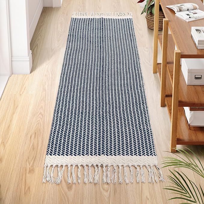 Lahome Belle Boho Kitchen Runner, 2x6 Laundry Room Rug Lightweight Runners for Hallways Washable Runner Rug with Tassels, Farmhouse Cotton Blue Throw Rugs Non Shedding Carpet for Entryway Bathroom