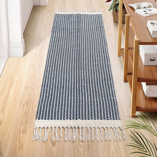 Lahome Belle Boho Kitchen Runner, 2x6 Laundry Room Rug Lightweight Runners for Hallways Washable Runner Rug with Tassels, Farmhouse Cotton Blue Throw Rugs Non Shedding Carpet for Entryway Bathroom