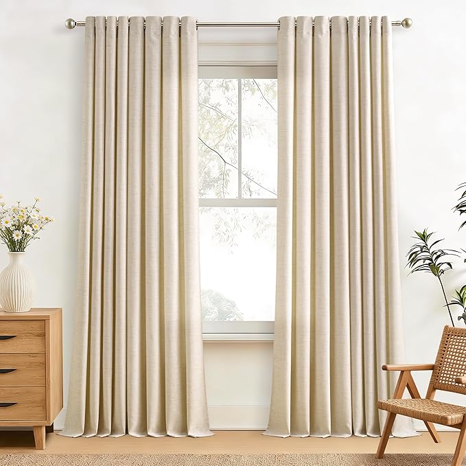 Extra Long Curtains 120 Inch Length Warm Beige Linen Light Filtering Semi Sheer Grommet Ring Top Drapes Thick Linen Privacy Non See Through Curtain for Large Window 2 Panel 52x120