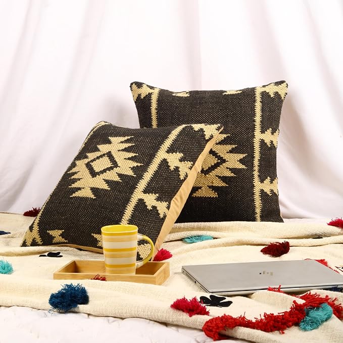 Trade Star Throw Pillow Cover Set of 2 Kilim Cushion Cover 70% Jute 30% Wool Pillow Shams Indian Jute Cushion Cover Vintage Pillow Case Handwoven Pillowcase (Kilim 8)