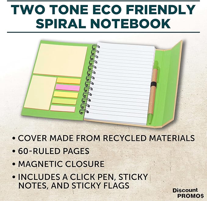 DISCOUNT PROMOS Custom Eco Friendly Spiral Notebooks with Pens Set of 10/50/100, Personalized Bulk Pack - Perfect for School, Office, Home - Green