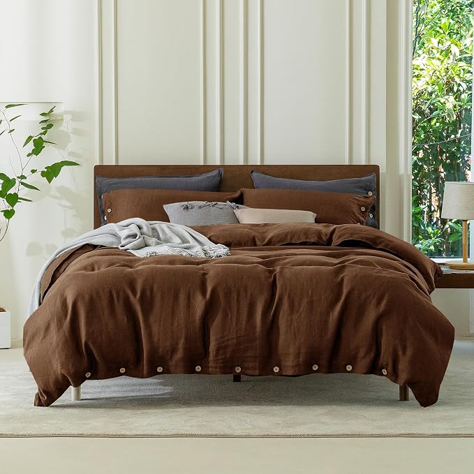 EVERLY 100% Pure Linen Duvet Cover Set Queen Size 90X90Inch 3pcs (1 Duvet Cover,2 Pillowcases) Soft and Breathable for All Season with Coconut Button Closure, Suitable for Hot Sleepers-Chocolate