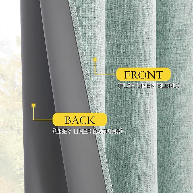 NICETOWN Seafoam Green Blackout Linen Curtains 95" Long, Rod Pocket Back Tab Full Light Blocking Drapes with White Thermal Insulated Liner for Nursery, Hall, Villa (2 Pieces, 52" Wide Each Panel)