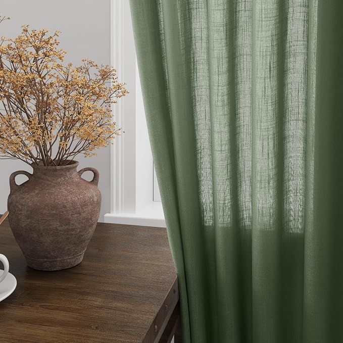Nanspring Olive Green Linen Sheer Curtains 54 Inch Length 2 Panel Set Back Tab Rod Pocket Semi Sheer Light Filtering Short Curtain Soft Elegant Aesthetic Small Window Drapes for Bathroom 52x54