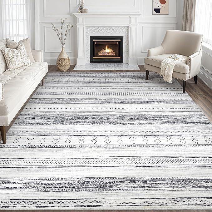 Tortania Area Rug Living Room Rugs - 9x12 Washable Large Soft Neutral Boho Moroccan Bohemian Farmhouse Rug Indoor Floor Carpet for Bedroom Under Dining Table Home Office Decor - Grey