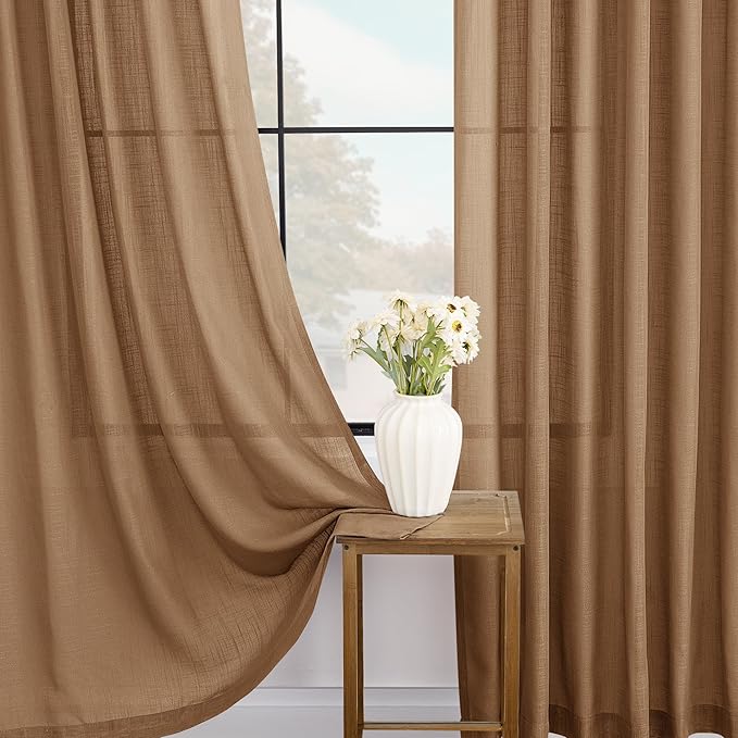 Brown Curtains for Living Room Back Tab Modern Farmhouse Semi Sheer Brown Curtains 63 inches Long 2 Panels Set Muted Neutral Window Curtain for Dining Room Bedroom 52x63