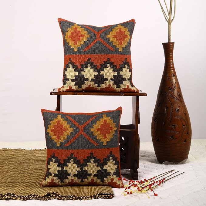 Trade Star 70% Jute 30% Wool Set of 2 Throw Pillow Covers Kilim Cushion Cover Handloomed Rug Decorative Cushion case 18x18 Inches Handwoven Pillowcase (Kilim 16)