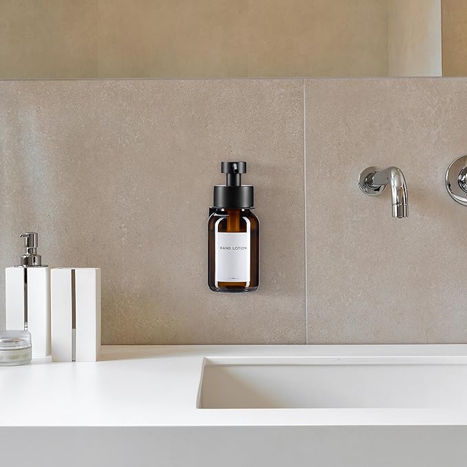 Relaxdays Soap Dispenser, Set of 2, 250 ml, Glass, Stainless Steel, Wall-Mounted, Adhesive, Sanitiser Pump, Brown/Black