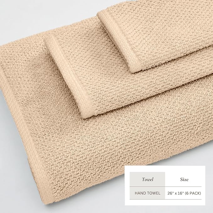 Great Bay Home 100% Cotton 6 Pack 26x16 Hand Towel Set - Absorbent, Quick-Drying, Durable Towels for Bathroom Decor - Low-Twist, Two-Ply Fibers (Taupe)