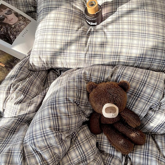 mixinni Queen Duvet Cover Set - 3 Piece Vintage Buffalo Plaid Bedding, 100% Washed Cotton Duvet Cover with 2 Pillowcases, Soft & Breathable Navy Beige White Geometric Grid Pattern for All Seasons