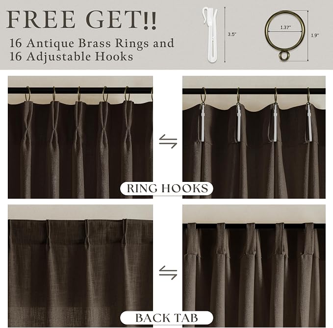 Dark Chocolate 108 Inch Pinch Pleated Linen Curtains 2 Panels Set for Living Room Bedroom Boho Farmhouse Light Filtering Semi Sheer Back Tab Pinch Pleat Hooks Rings Window Curtain 108 Inches Long