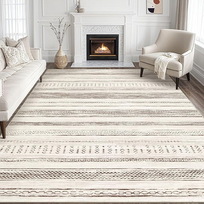 Tortania Area Rug Living Room Rugs - 7x9 Washable Large Soft Neutral Boho Moroccan Bohemian Farmhouse Rug Indoor Floor Carpet for Bedroom Under Dining Table Home Office Decor - Cream Brown