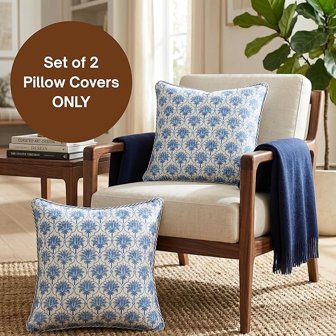 ATOSII Block Print Throw Pillow Covers, 18 X 18 - Set of 2, Decorative Couch Pillows for Living Room Bed Sofa, 100% Cotton Canvas Pillow Case for Home Decor & Outdoors, Preppy Throws - Padma Blue