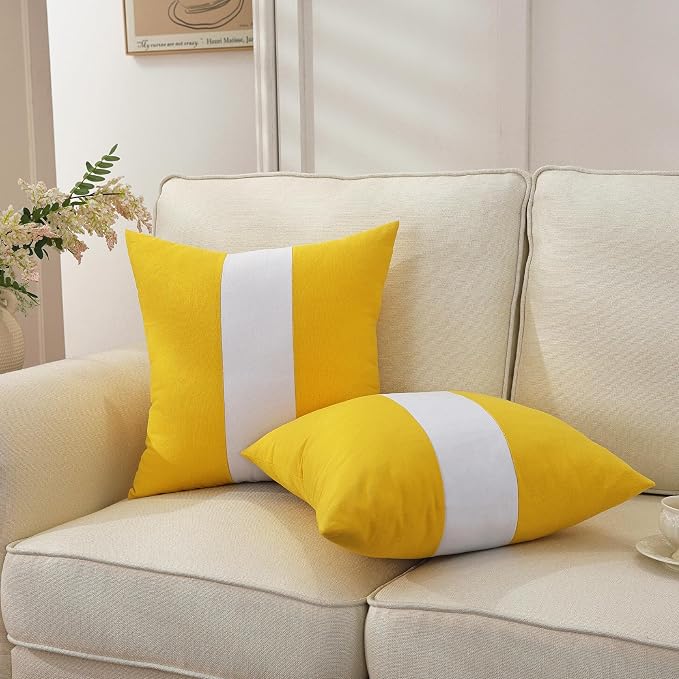 TAOSON Set of 2, Yellow 100% Cotton Canvas Patchwork Throw Pillow Covers 18x18 Inch, Modern White Striped Farmhouse Decor Cushion Covers for Sofa Couch Bedroom Living Room