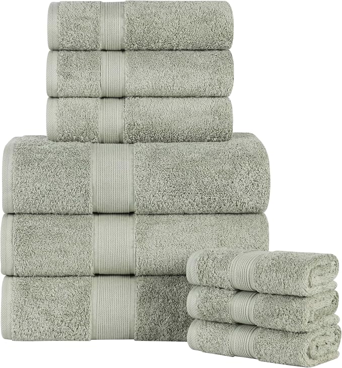 Superior 100% Organic Cotton 9-Piece Towel Set, Includes 3 Bath Towels, 3 Hand Towels, 3 Face Towels/Washcloth, Daily Use, Bathroom, Guest Bath, Absorbent, Home Essentials, Oregon Collection, Sage