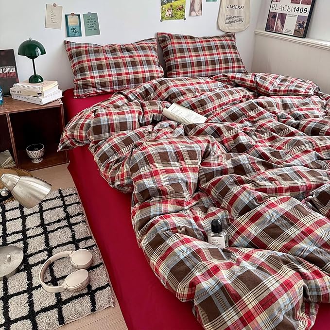 mixinni Vintage Red & Brown Buffalo Plaid Duvet Cover Set King Size - 3 Piece Washed Cotton Bedding Set with Classic Checkered Pattern, Cozy Farmhouse Duvet Cover with Pillowcases for All Seasons