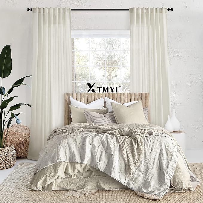 XTMYI 120 Inch Long Linen Curtains,10 FT Back Tab Hooks Belt for Rail Track, Light Filtering Semi Sheer Tall Window High Ceiling Drapes for Living Room, 50”W x 120“L 2 Panels, Cream