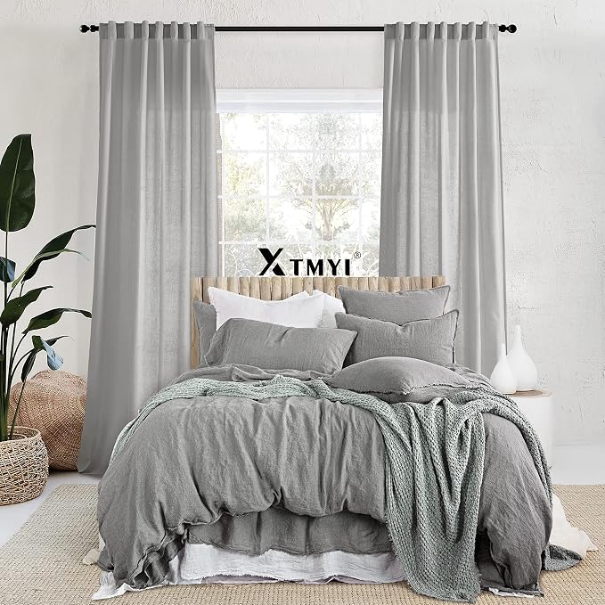 XTMYI Gray Curtains 96 Inches Long,Sheer Linen Back Tab Hooks Pleat Light Weight Modern Stylish Curtains for Living Room 96 Inch Length 2 Panel Set,Grey