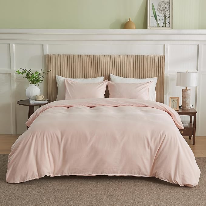 BISELINA French Linen Duvet Cover Set 3pcs with Hidden Zipper Closure Natural Flax Cotton Blend Solid Color Soft Breathable Luxury Farmhouse Bedding - Queen Size, Pale Pink