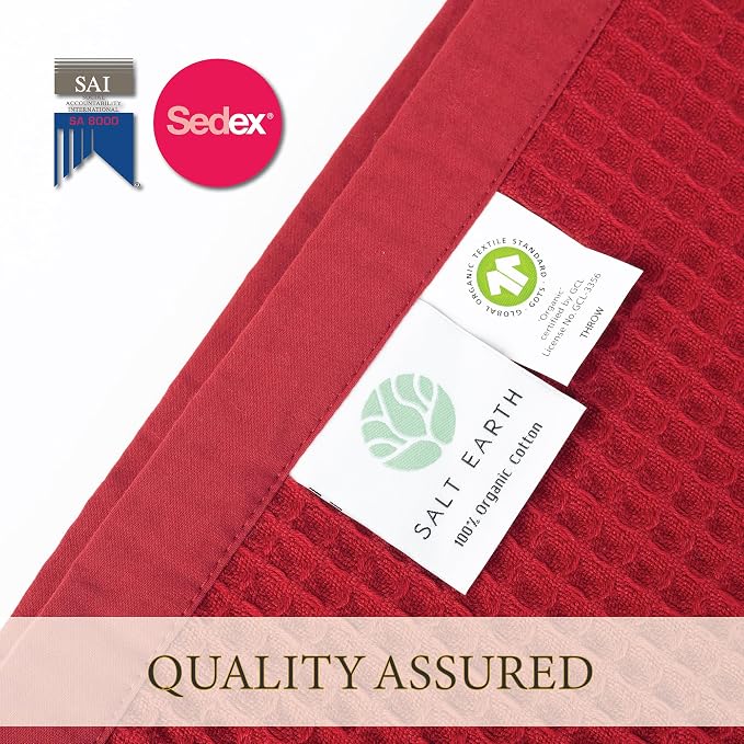 Salt Earth GOTS Certified 100% Organic Cotton Throw Blanket, 55"x60" Waffle Blankets & Throws for Bed, Throw Blanket for Couch, Cozy Christmas Blankets and Throws for Christmas Gifts (Red Dahlia)