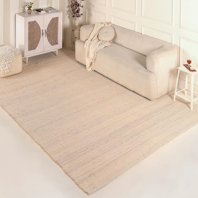 Natural Cotton Jute Area Rug 8x10 Feet – Rustic Vintage Bohemian Décor Handwoven Braided Farmhouse Rug for Living Room Bedroom & Dining Room