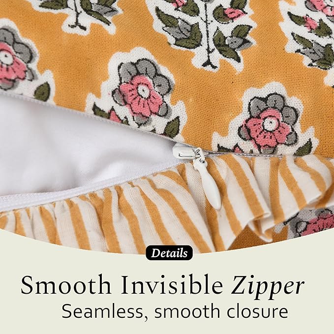 CPC Yellow Citrine Ruffle Throw Pillow Covers for Couch, 20x20 Inch Cotton Stripe Ruffle Couch Pillows for Living Room, Hidden 16 Inch Zipper Boho Pillow Case or Cute Outdoor Ruffle Pillows