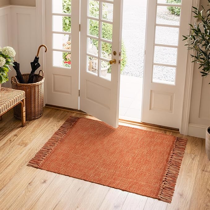 Collive Kitchen Runner Rug, 2' x 4.3' Hand-Woven Reversible Washable Rugs, Terracotta Cotton Modern Farmhouse Bathroom Mat Hallway Carpet for Foyer Bedroom Entry Front Door Fall Decor