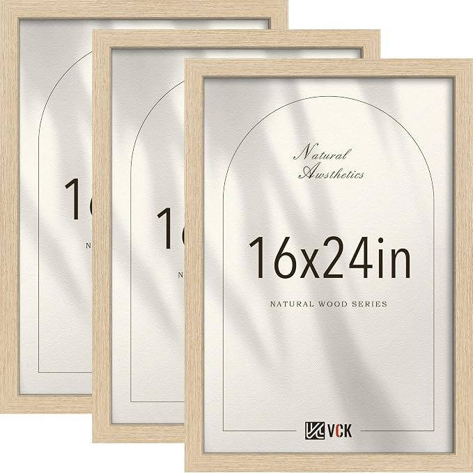 VCK 16x24 Poster Frame 3 Pack - Natural Oak Solid Wood Picture Frames with Exclusive Wood Grain, Wall Hanging