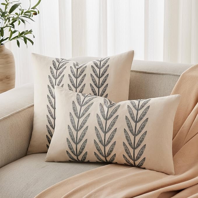 100% Cotton Farmhouse Leaves Throw Pillow Covers Set of 2, 16x16 Inch Black Pastoral Decorative Print Cushion Covers for Sofa Bed Living Room Home Decor