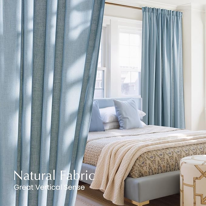 NICETOWN Semi Sheer Linen Stone Blue Farmhouse Curtains, Back Tab/Rod Pocket with Pleat Tape Privacy Added with Light Filtering Window Treatments for Bedroom, W52 x L95, 2 Panels