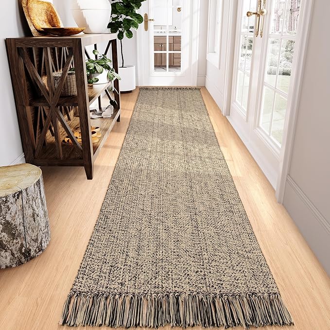 Collive Long Runner Rugs for Hallway 2.6x10, Washable Bathroom Rug Runners Indoor Entryway Rug, Natural/Black Braided Woven Kitchen Runner Carpet for Bedroom Laundry Doorway Indoor Dacor