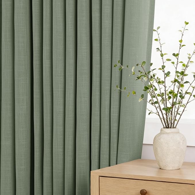 Linen Blend Olive Green Curtains 92 inch Length 2 Panels for Bedroom Back Tab Light Filtering Semi Sheer Drapes Linen Cotton Textured Loden Green Airy Modern Farmhouse Living Room Sage Aesthetic Decor